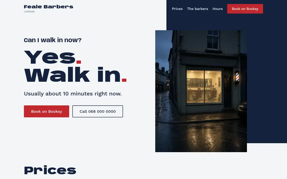 Screenshot of the redesigned Feale Barbers website.