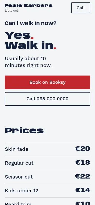 The redesigned Feale Barbers site on a phone.