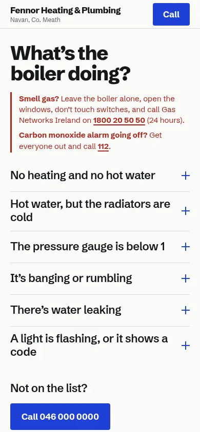 The redesigned Fennor Heating & Plumbing site on a phone.