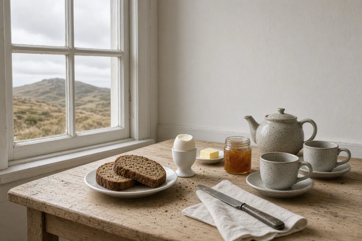 A scrubbed wooden table by a sash window: two slices of brown bread on a plate, a soft-boiled egg in an egg cup, butter, a jar of marmalade, a speckled stoneware teapot and two cups, with hills outside the window.
