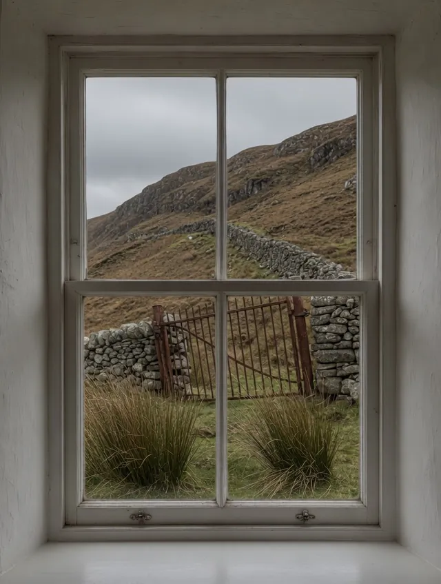The Back Room window: a white sash window looking at the hill close behind the house, with clumps of rushes, a dry-stone wall and a rusty iron gate standing half open.