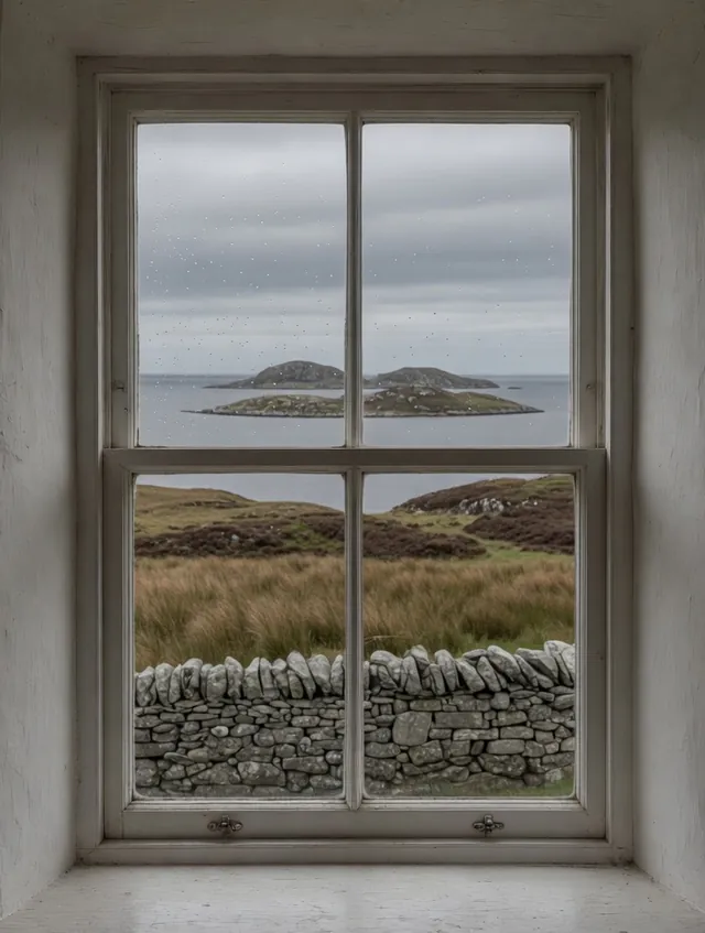 The Bay Room window: a white sash window looking over a dry-stone wall and tussocky fields to the sea, with two or three low islands on the horizon under a grey sky.