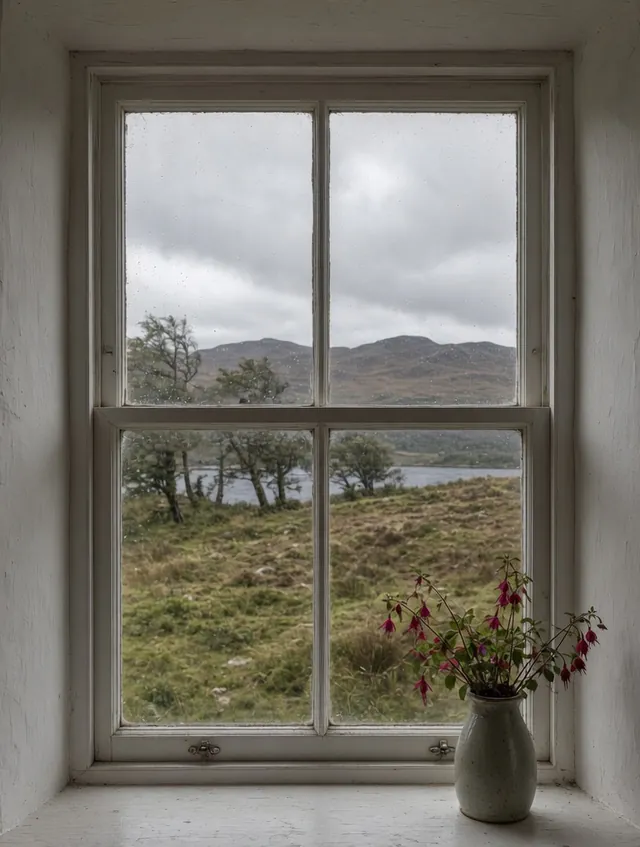 The Furnace Room window: a white sash window in a thick whitewashed wall, rain on the glass, looking over rough grass and trees to a lough and low hills, with a jug of fuchsia on the sill.