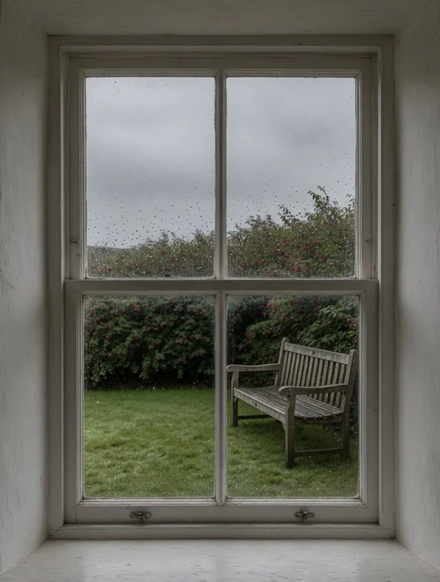 The Garden Room window: a white sash window looking onto a lawn with a weathered wooden bench, in front of a hedge of fuchsia in flower.