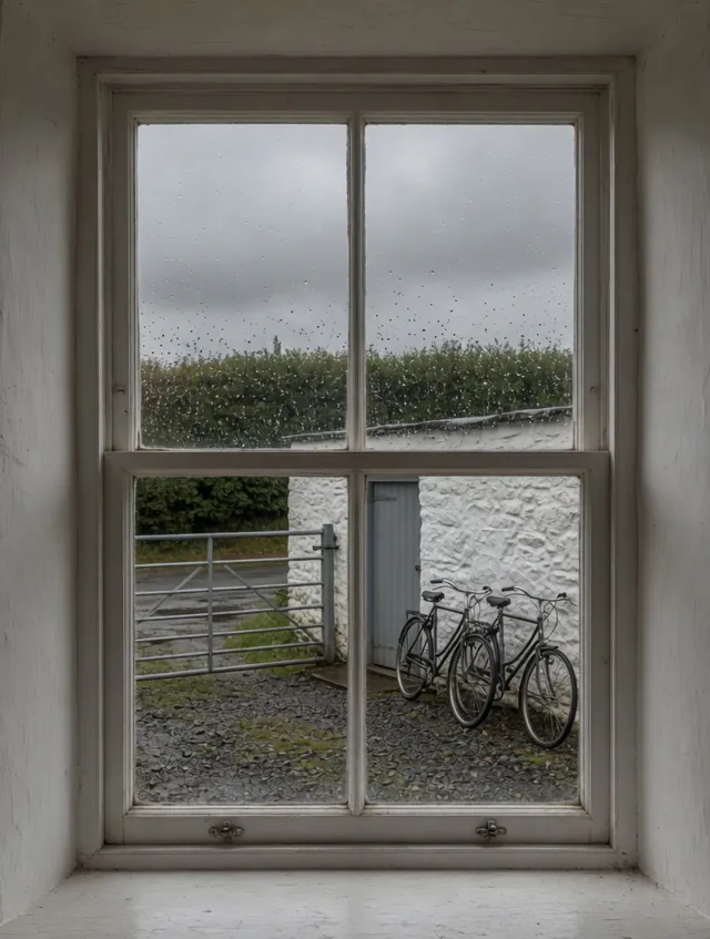 The Greenway Twin window: a white sash window looking onto a gravel yard, where two bikes lean against a whitewashed outbuilding with a grey door, beside a galvanised gate and a clipped hedge.